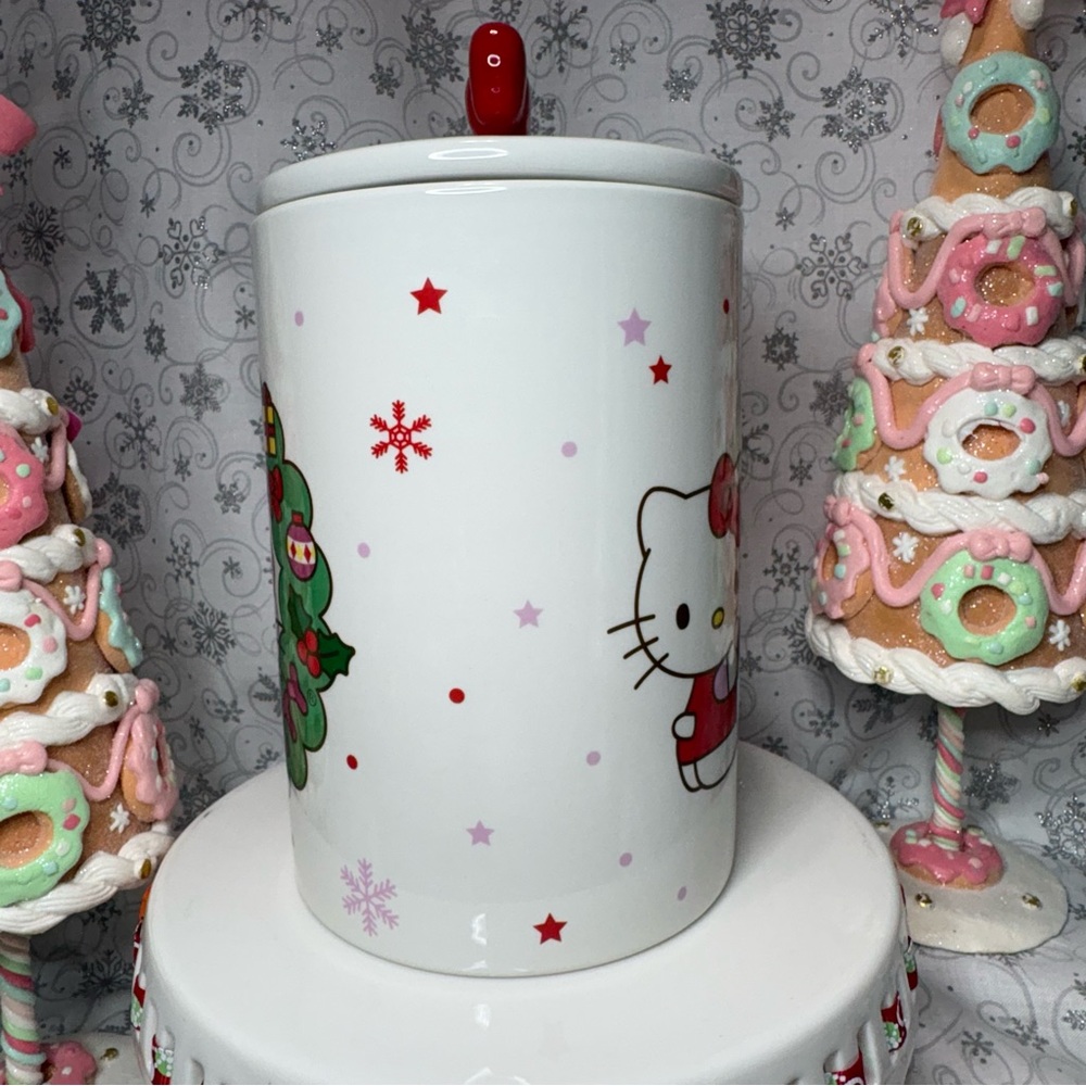 Sanrio Christmas Hello Kitty Wreath Snowflake Canister Cookie Jar w/Bow Topper - Picture 2 of 12